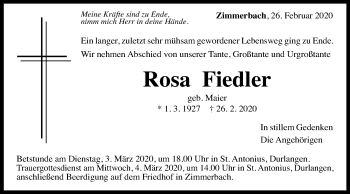 Traueranzeige von Rosa Fiedler von Gmünder Tagespost