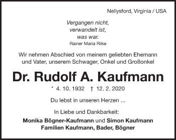 Traueranzeige von Rudolf A. Kaufmann von Schwäbische Post