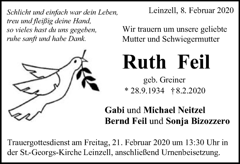  Traueranzeige für Ruth Feil vom 19.02.2020 aus Gmünder Tagespost