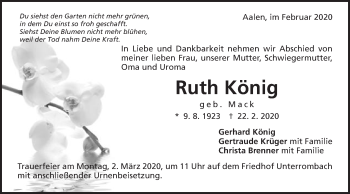 Traueranzeige von Ruth König von Schwäbische Post