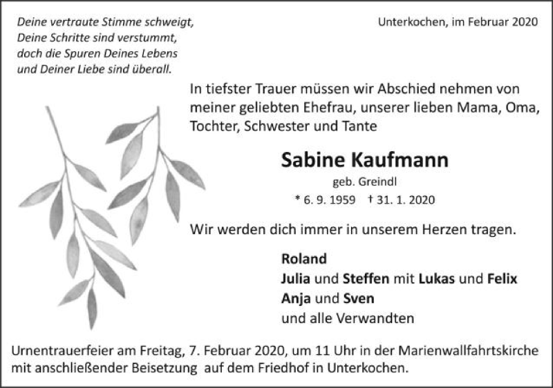  Traueranzeige für Sabine Kaufmann vom 04.02.2020 aus Schwäbische Post