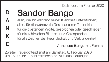 Traueranzeige von Sandor Bango von Schwäbische Post