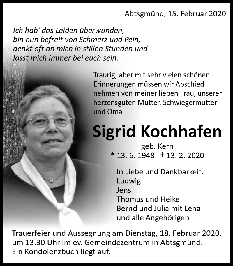  Traueranzeige für Sigrid Kochhafen vom 15.02.2020 aus Schwäbische Post