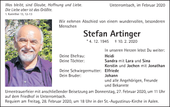 Traueranzeige von Stefan Artinger von Schwäbische Post