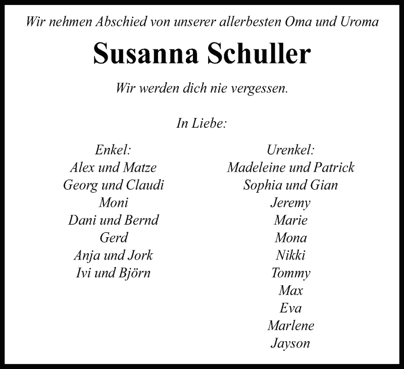  Traueranzeige für Susanna Schuller vom 01.02.2020 aus Schwäbische Post