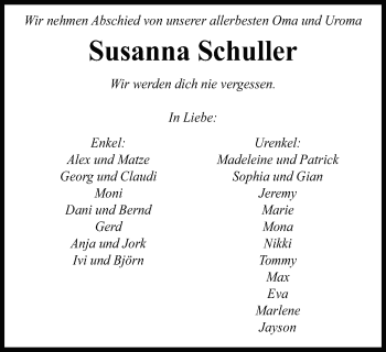 Traueranzeige von Susanna Schuller von Schwäbische Post
