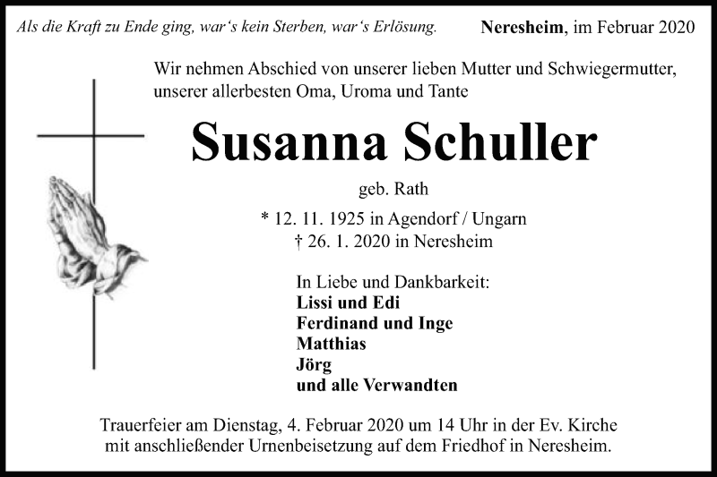  Traueranzeige für Susanna Schuller vom 01.02.2020 aus Schwäbische Post