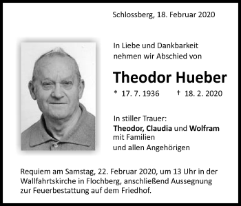 Traueranzeige von Theodor Hueber von Schwäbische Post
