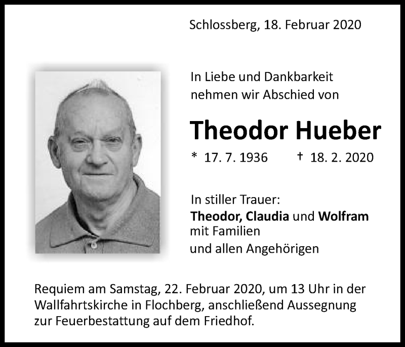  Traueranzeige für Theodor Hueber vom 20.02.2020 aus Schwäbische Post
