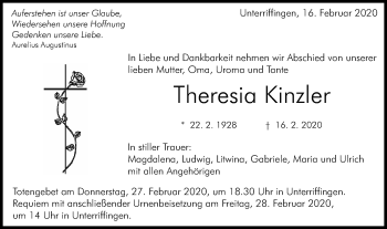 Traueranzeige von Theresia Kinzler von Schwäbische Post