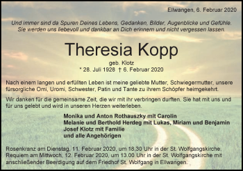 Traueranzeige von Theresia Kopp von Schwäbische Post