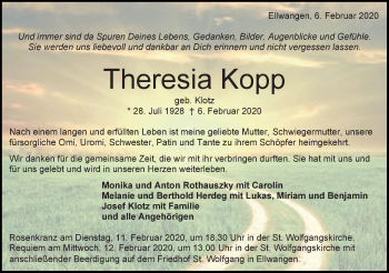 Traueranzeige von Theresia Kopp