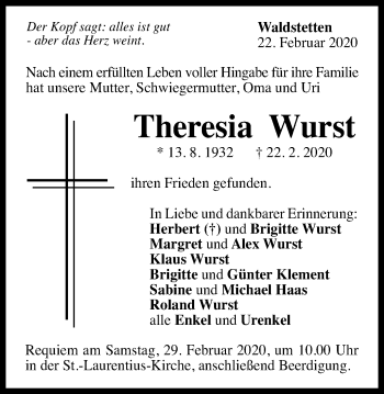 Traueranzeige von Theresia Wurst von Gmünder Tagespost