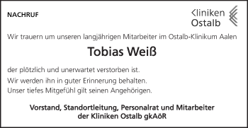 Traueranzeige von Tobias Weiß von Schwäbische Post