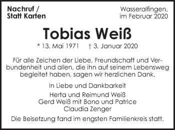 Traueranzeige von Tobias Weiß von Schwäbische Post