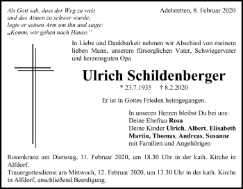 Traueranzeige von Ulrich Schildenberger von Gmünder Tagespost
