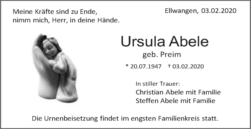  Traueranzeige für Ursula Abele vom 08.02.2020 aus Schwäbische Post
