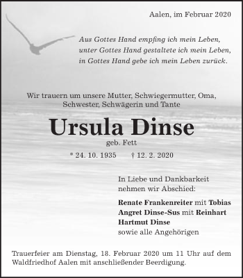 Traueranzeige von Ursula Dinse von Schwäbische Post