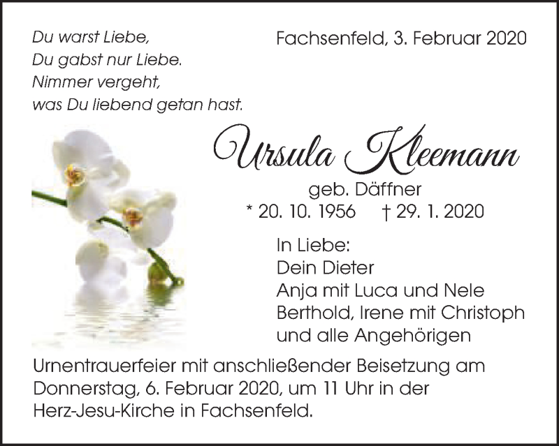  Traueranzeige für Ursula Kleemann vom 03.02.2020 aus Schwäbische Post
