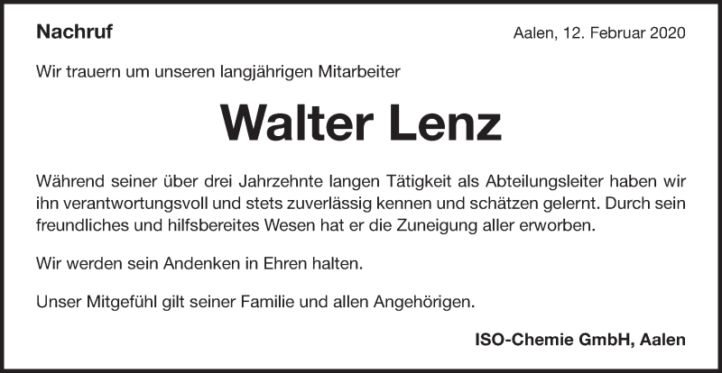  Traueranzeige für Walter Lenz vom 12.02.2020 aus Schwäbische Post