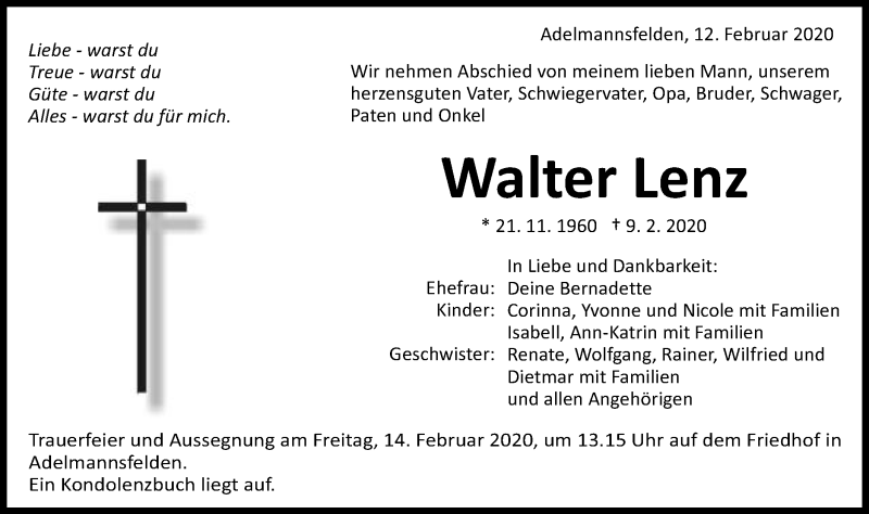  Traueranzeige für Walter Lenz vom 12.02.2020 aus Schwäbische Post