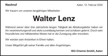Traueranzeige von Walter Lenz von Schwäbische Post