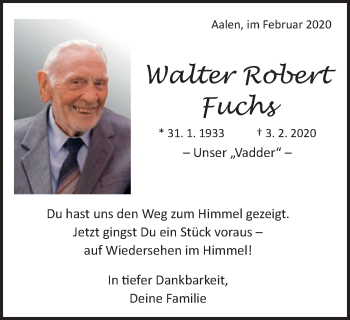 Traueranzeige von Walter Robert Fuchs von Schwäbische Post