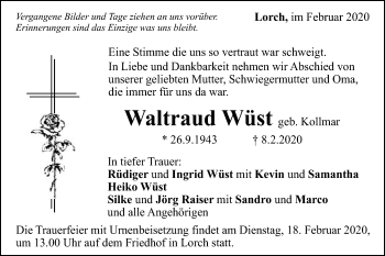 Traueranzeige von Waltraud Wüst von Gmünder Tagespost