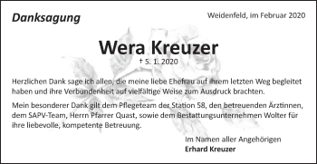 Traueranzeige von Wera Kreuzer von Schwäbische Post