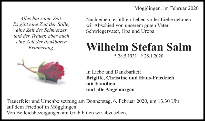  Traueranzeige für Wilhelm Stefan Salm vom 04.02.2020 aus Gmünder Tagespost