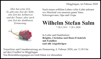 Traueranzeige von Wilhelm Stefan Salm von Gmünder Tagespost