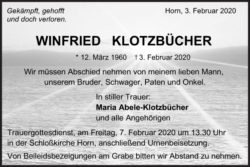  Traueranzeige für Winfried Klotzbücher vom 06.02.2020 aus Gmünder Tagespost