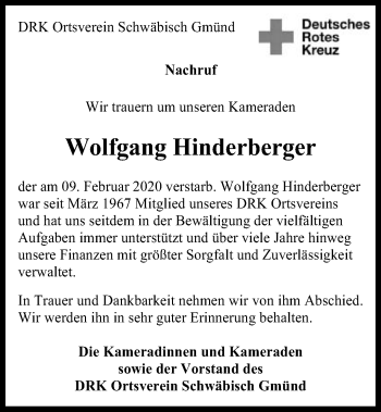 Traueranzeige von Wolfgang Hinderberger von Gmünder Tagespost