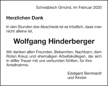 Traueranzeige von Wolfgang Hinderberger von Gmünder Tagespost
