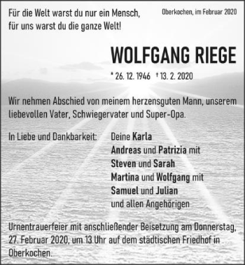 Traueranzeige von Wolfgang Riege von Schwäbische Post