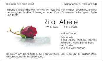Traueranzeige von Zita Abele von Gmünder Tagespost