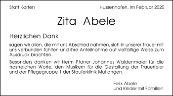 Traueranzeige von Zita Abele von Gmünder Tagespost