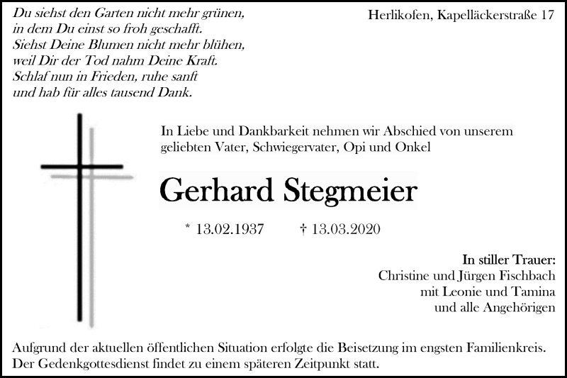  Traueranzeige für Gerhard Stegmeier vom 24.03.2020 aus Gmünder Tagespost