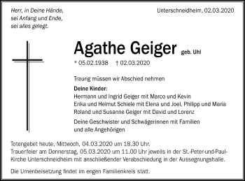 Traueranzeige von Agathe Geiger von Schwäbische Post