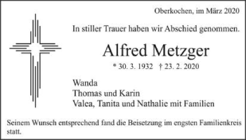 Traueranzeige von Alfred Metzger von Schwäbische Post