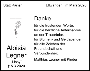 Traueranzeige von Aloisia Legner von Schwäbische Post