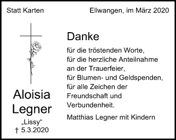 Traueranzeige von Aloisia Legner