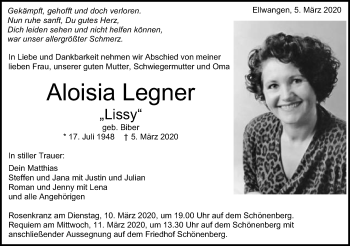 Traueranzeige von Aloisia Legner von Schwäbische Post
