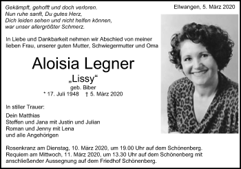 Traueranzeige von Aloisia Legner