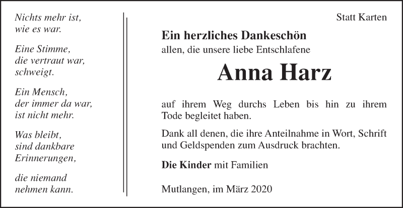  Traueranzeige für Anna Harz vom 11.03.2020 aus Gmünder Tagespost
