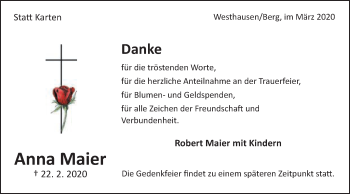 Traueranzeige von Anna Maier von Schwäbische Post