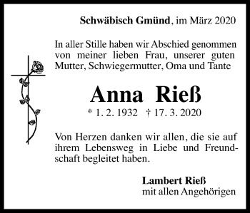 Traueranzeige von Anna Rieß von Gmünder Tagespost