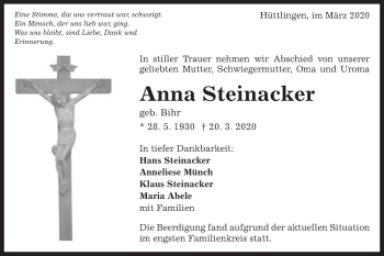 Traueranzeige von Anna Steinacker von Schwäbische Post