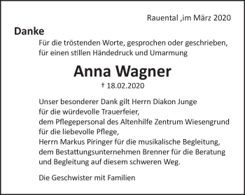 Traueranzeige von Anna Wagner von Schwäbische Post