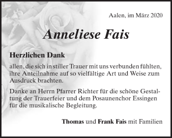 Traueranzeige von Anneliese Fais von Schwäbische Post